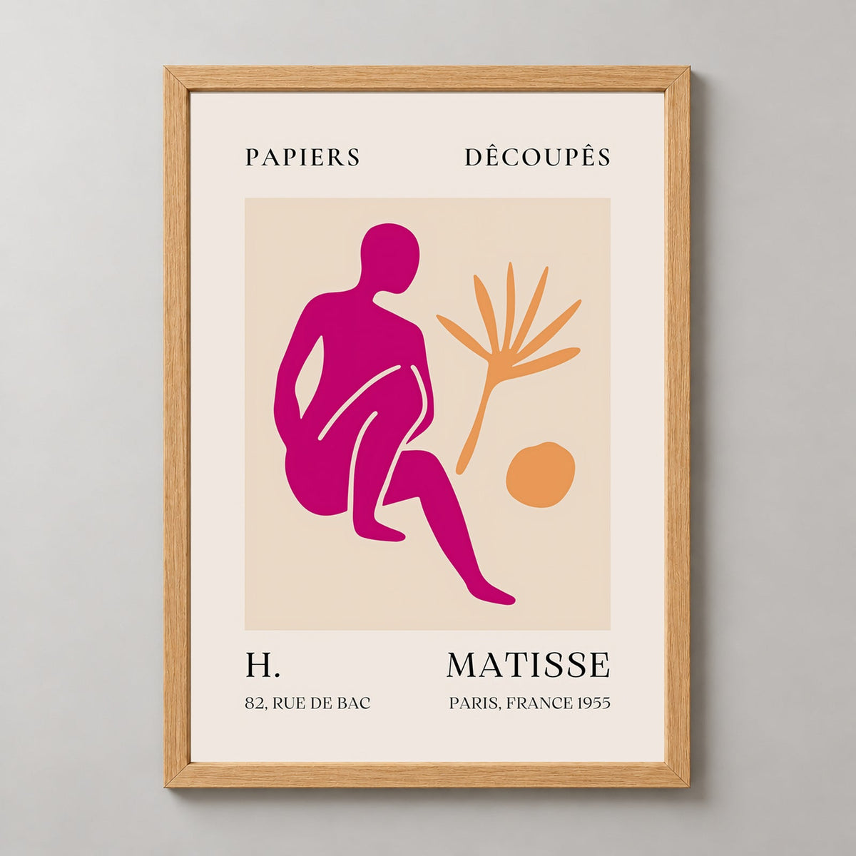 Papiers Découpés H. Matisse Print Pink Silhouette (1955) — realistic natural wood frame studio view