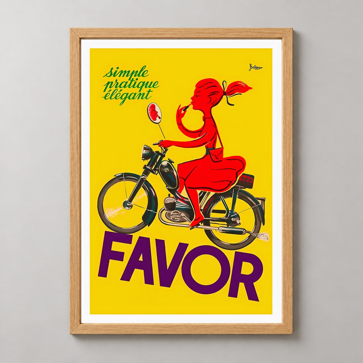 Favor Lipstick Girl on a Bicycle Vintage Advertising Poster — realistic natural wood frame studio view
