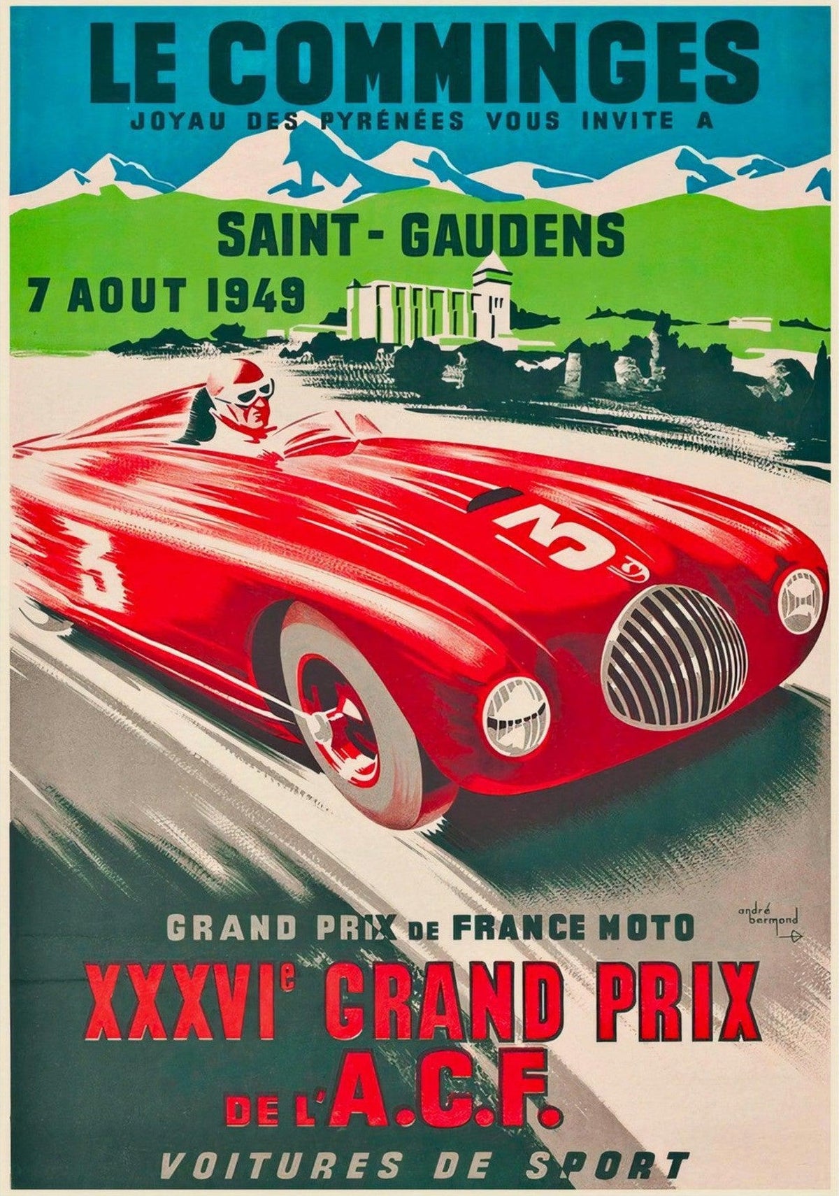 XXXVI Grand Prix of the ACF at Comminges France Vintage Racing Poster — poster only, complete unframed artwork