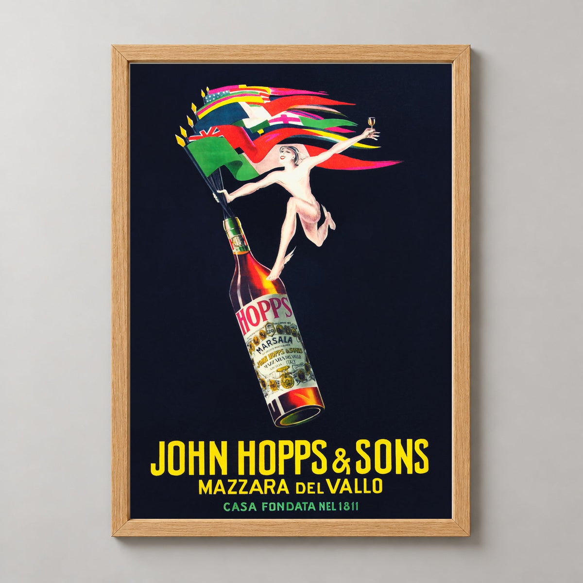 John Hopps and Sons Mazzara Del Vallo Vintage Advertising Poster — realistic natural wood frame studio view
