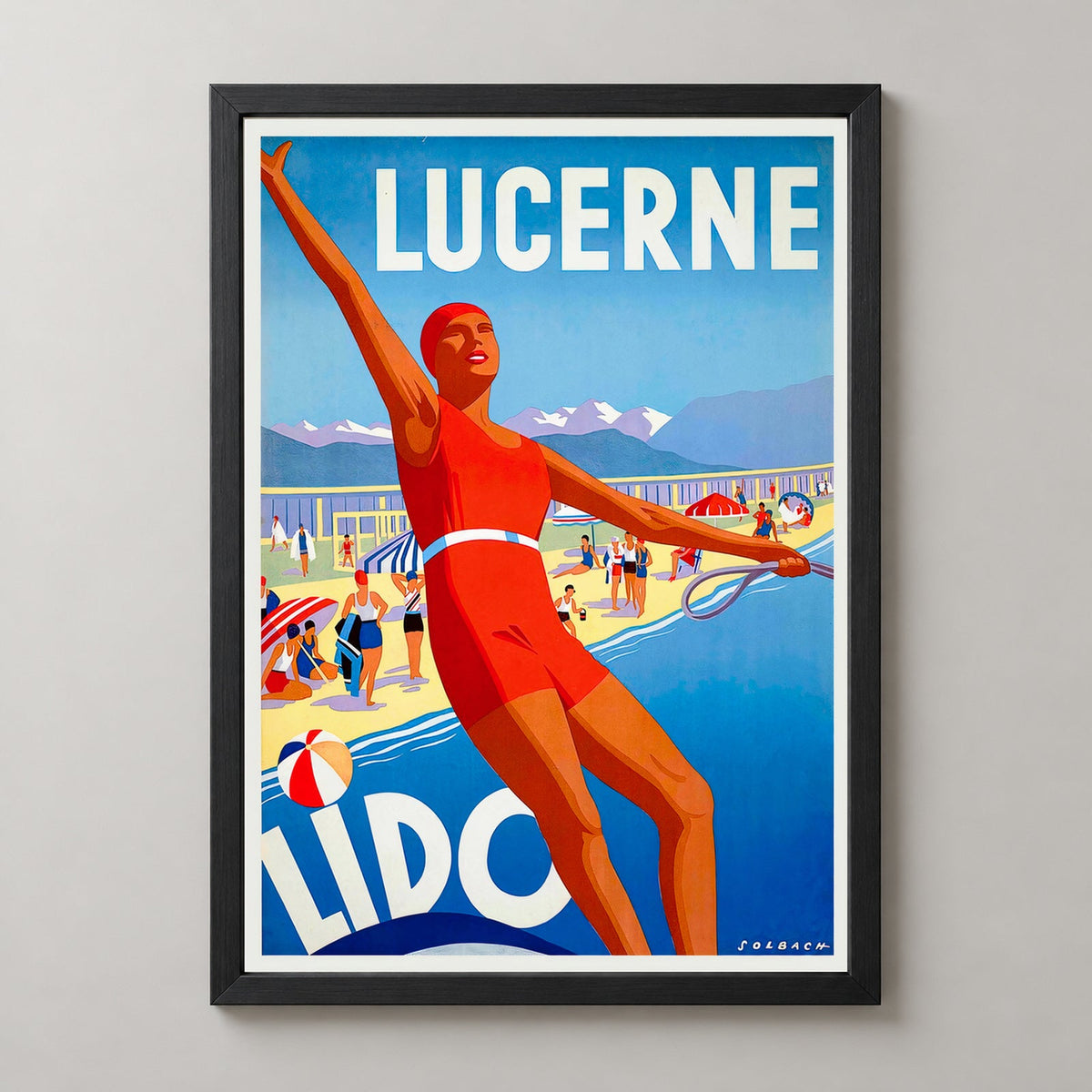 Lucerne Lido Switzerland Vintage Travel Poster — realistic black frame studio view