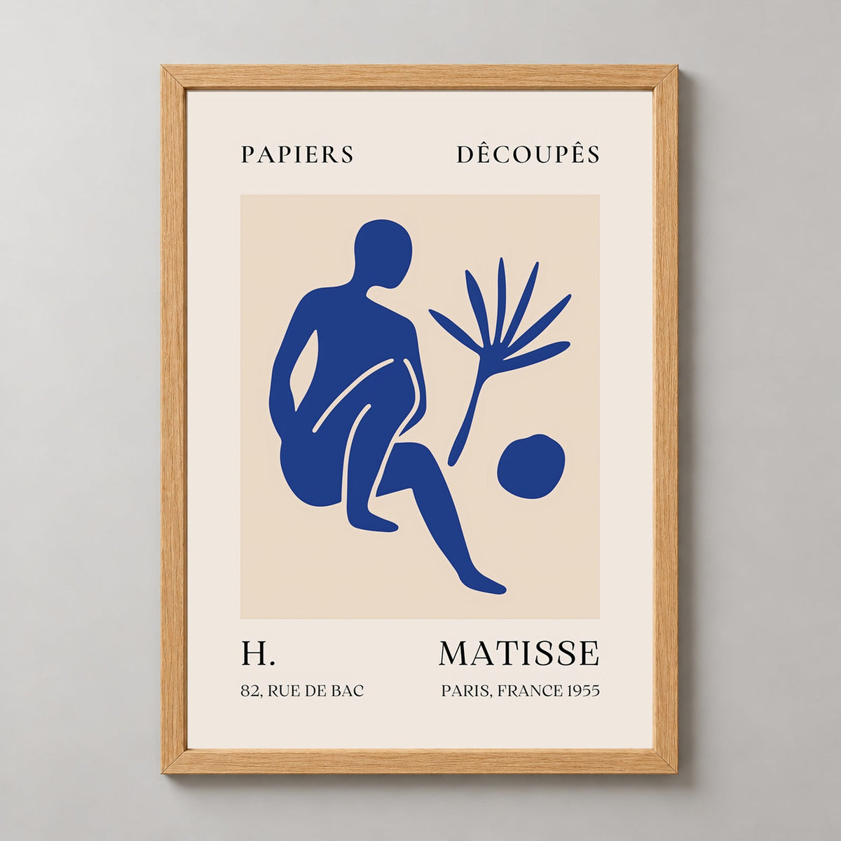 Papiers Découpés H. Matisse Print Blue Silhouette (1955) — realistic natural wood frame studio view