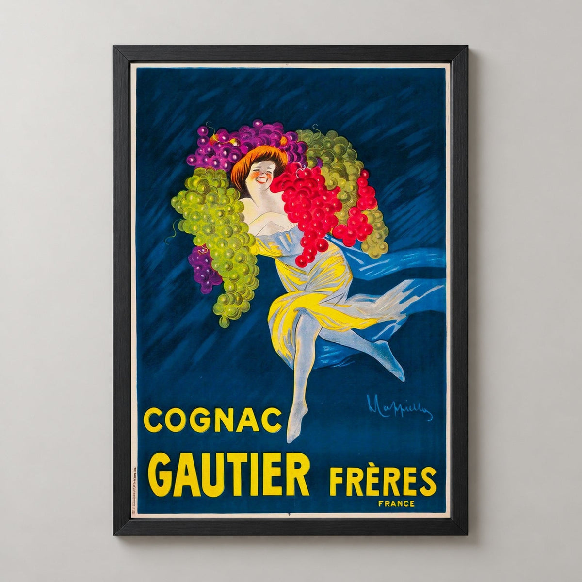 French Cognac Gautier Vintage Advertising Poster - Elegant and Nostalgic Décor — realistic black frame studio view