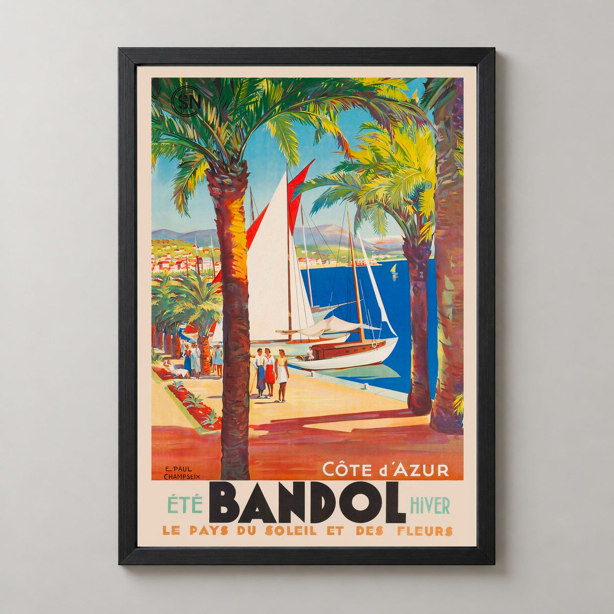 Bandol Land of Sun and Flowers Cote d'Azur French Vintage Travel Poster — realistic black frame studio view