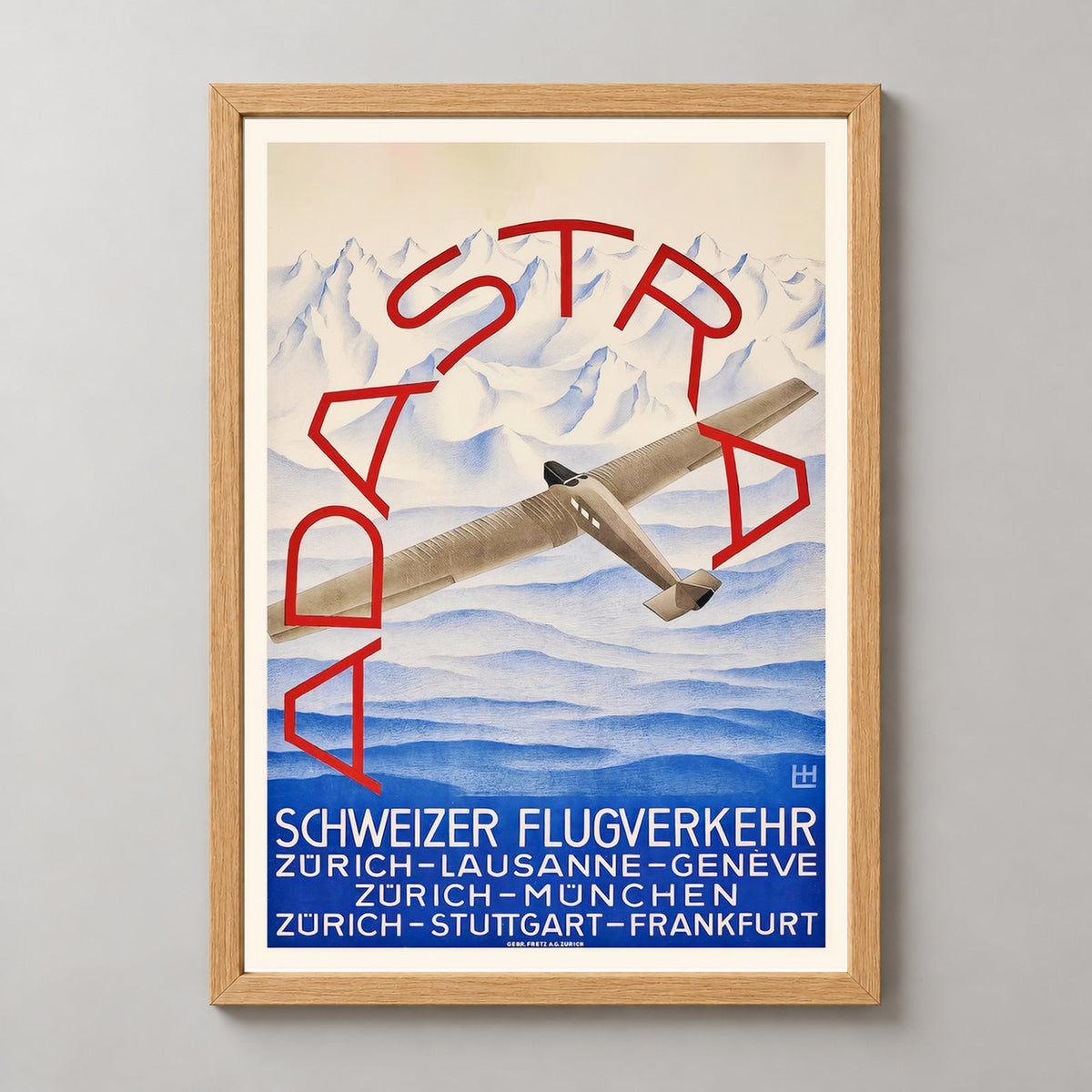 Ad Astra Aero Airline Traffic Zurich Lausanne Geneve Switzerland - Vintage Travel Poster — realistic natural wood frame studio view