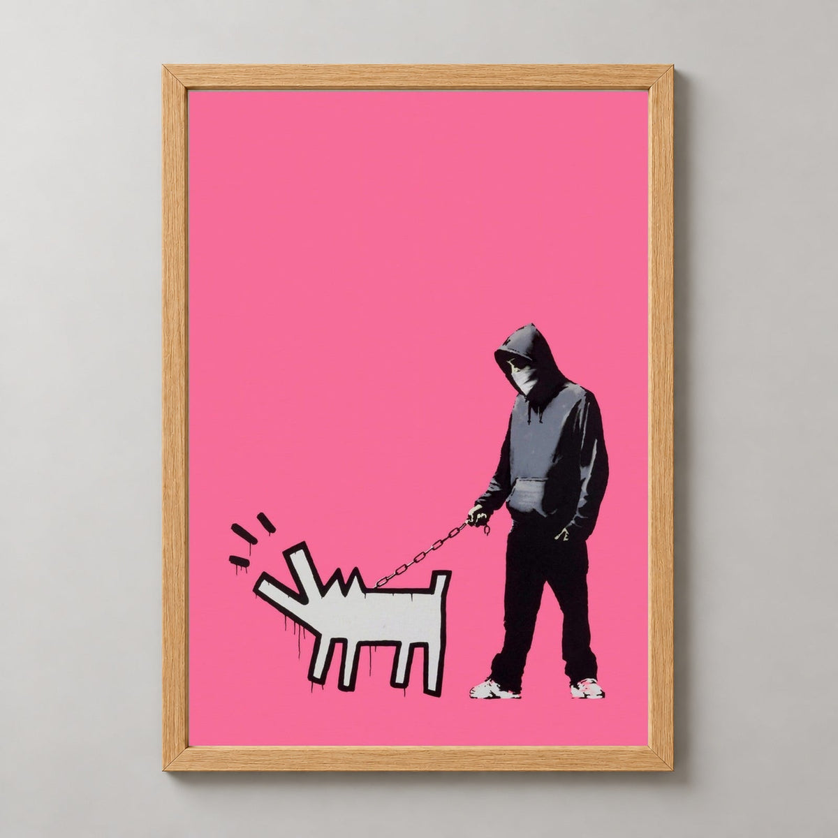 Banksy Choose Your Weapon (Bright Pink), 2010 — realistic natural wood frame studio view