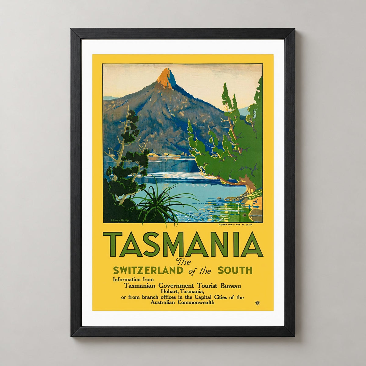 Tasmania The Switzerland of the South Vintage Travel Poster — realistic black frame studio view