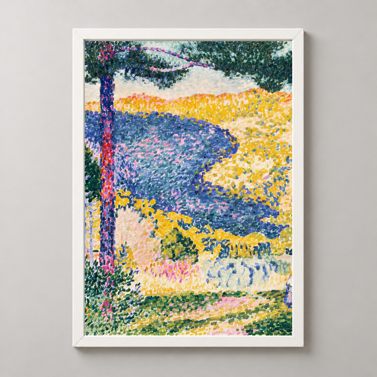 Paul Signac's Landscape with Pine Tree - Iconic Pointillist Art Print — realistic white frame studio view