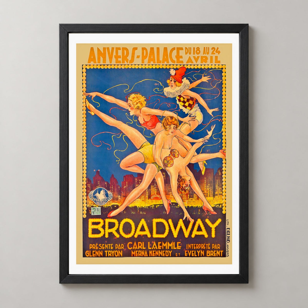 Broadway Anvers Palace Vintage Art Deco Poster — realistic black frame studio view