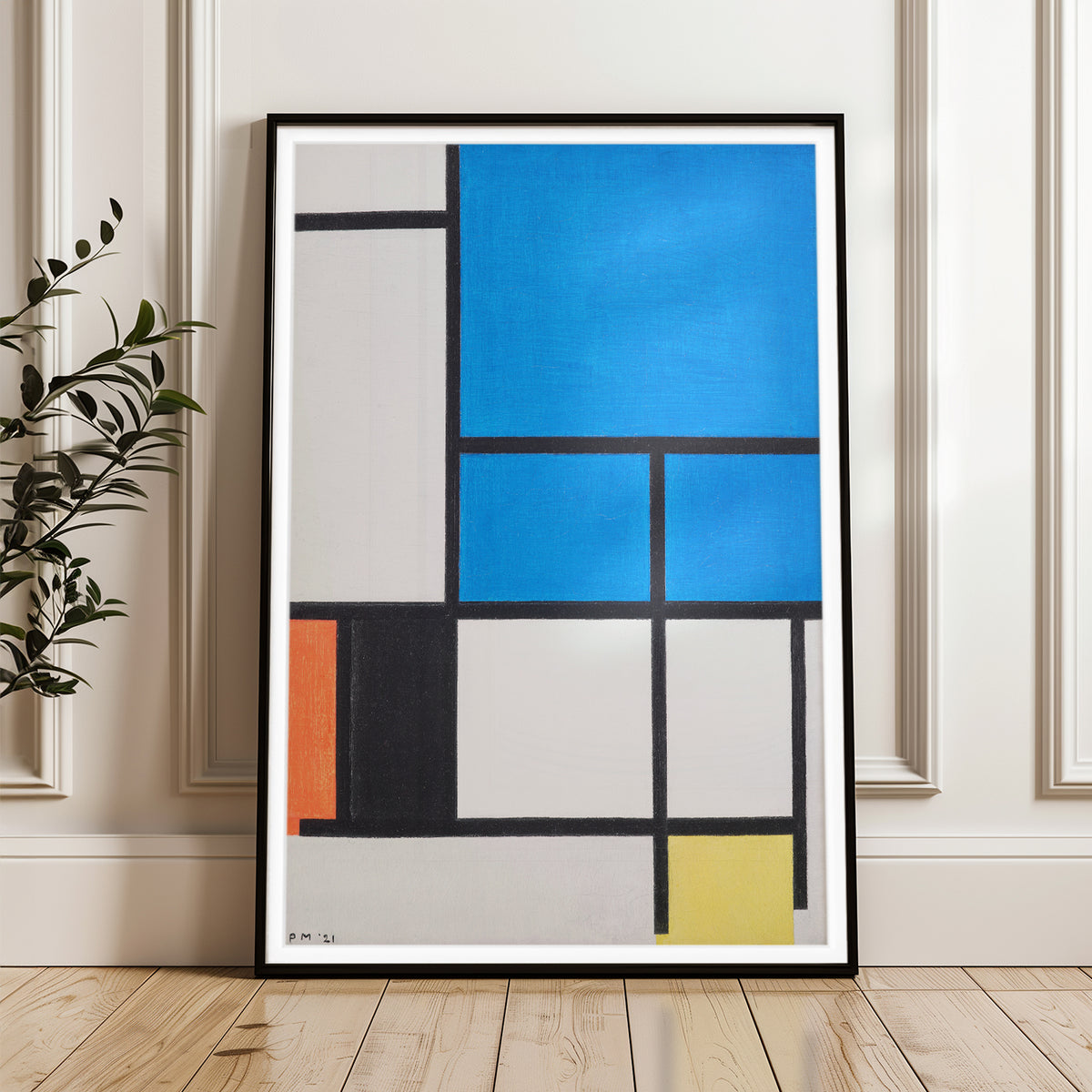 Piet Mondrian's Composition with Blue, Black, and Yellow - Iconic Abstract Art Print