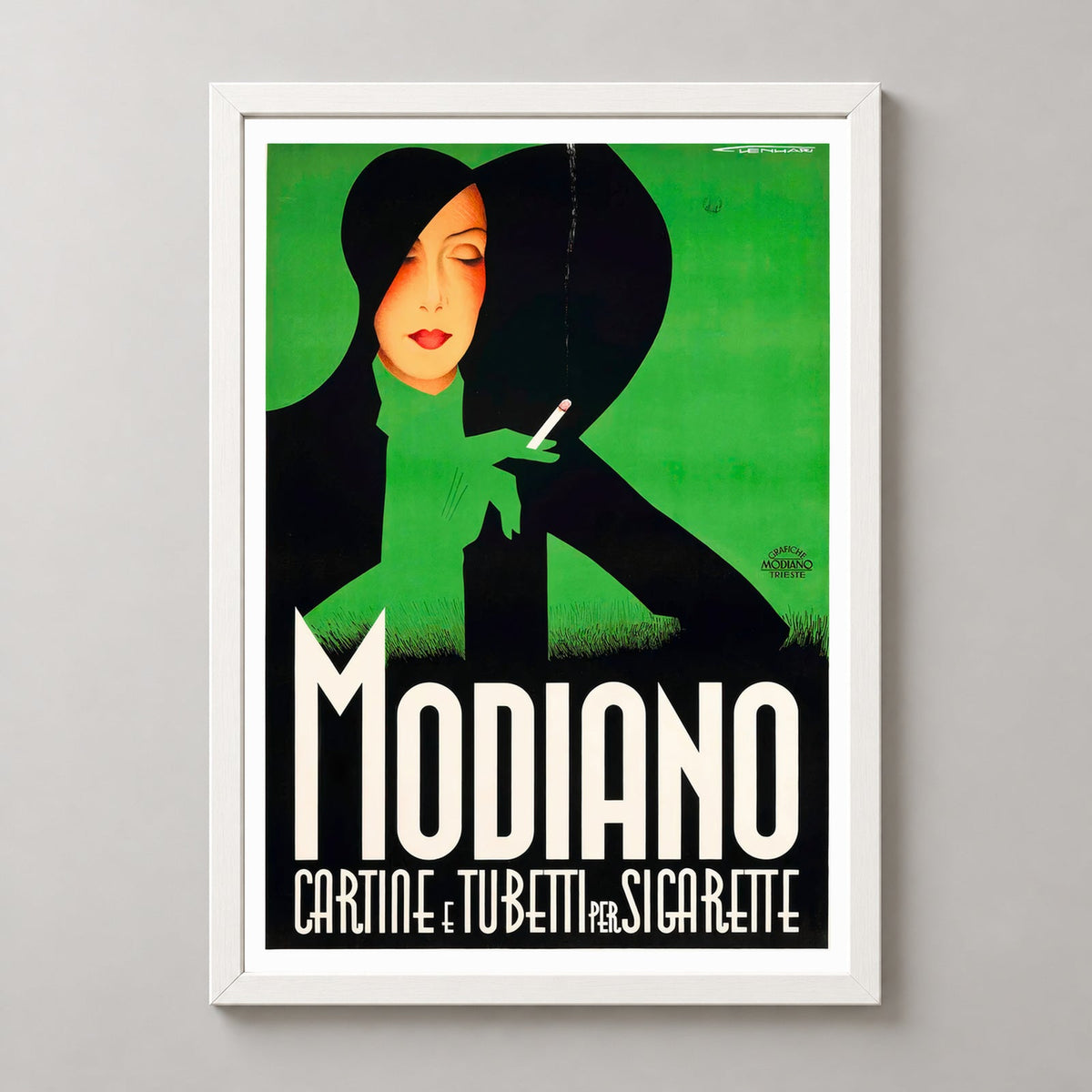 Modiano by Robert Bereny Vintage Art Deco Poster — realistic white frame studio view