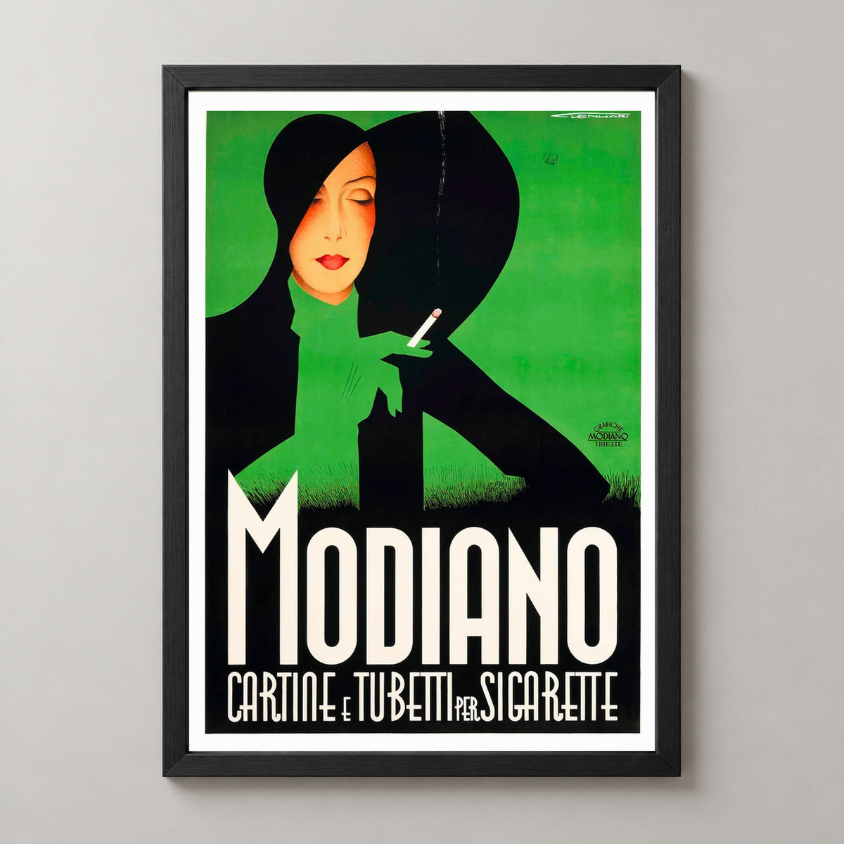 Modiano by Robert Bereny Vintage Art Deco Poster — realistic black frame studio view