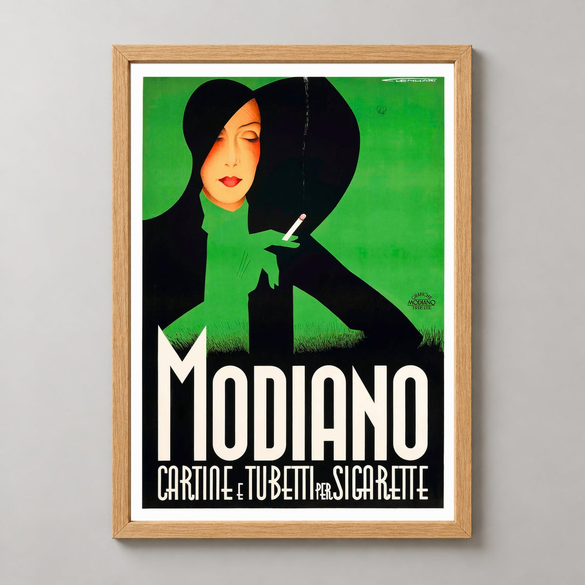 Modiano by Robert Bereny Vintage Art Deco Poster — realistic natural wood frame studio view