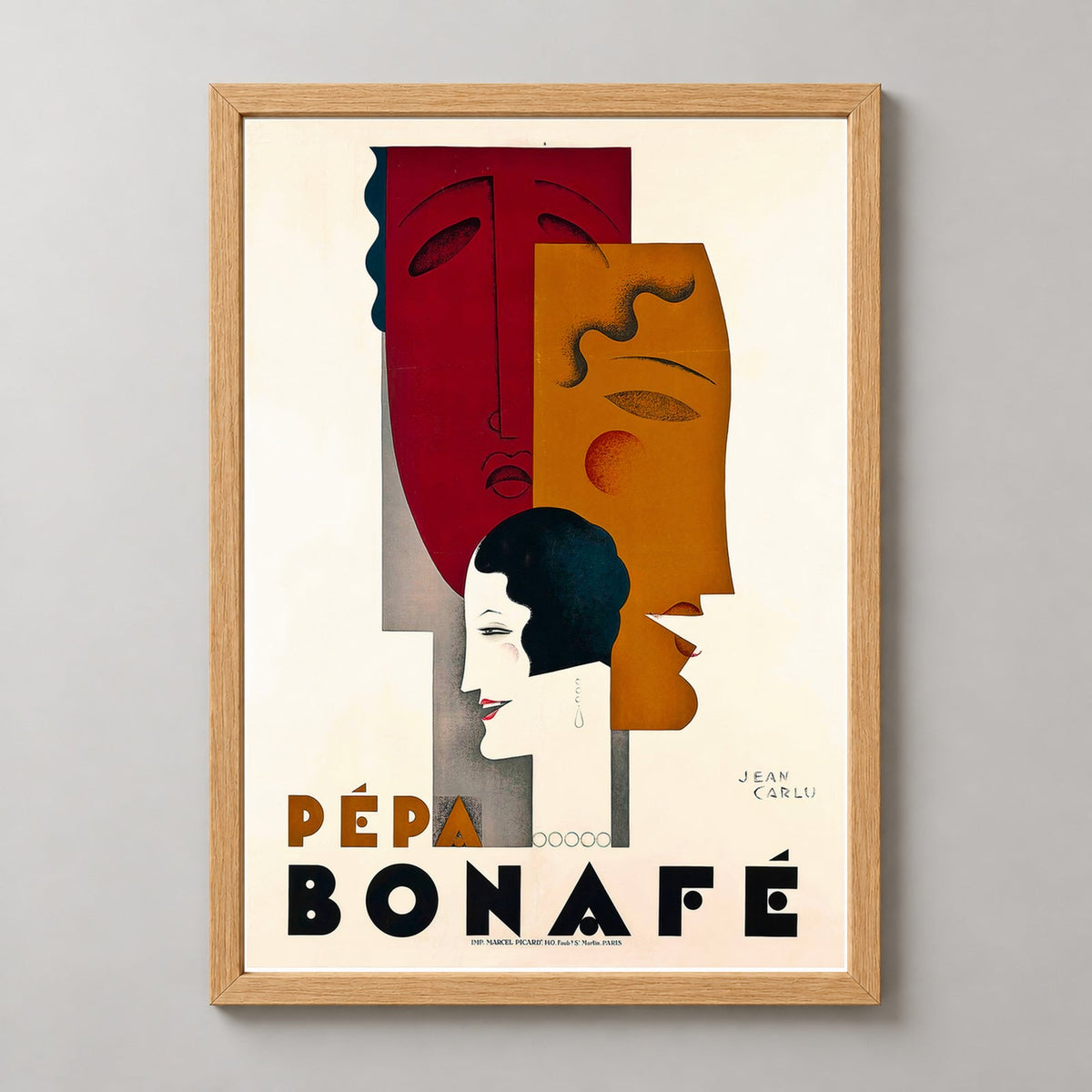 Pepa Bonafe by Jean Carlu Art Deco Poster - High Quality — realistic natural wood frame studio view