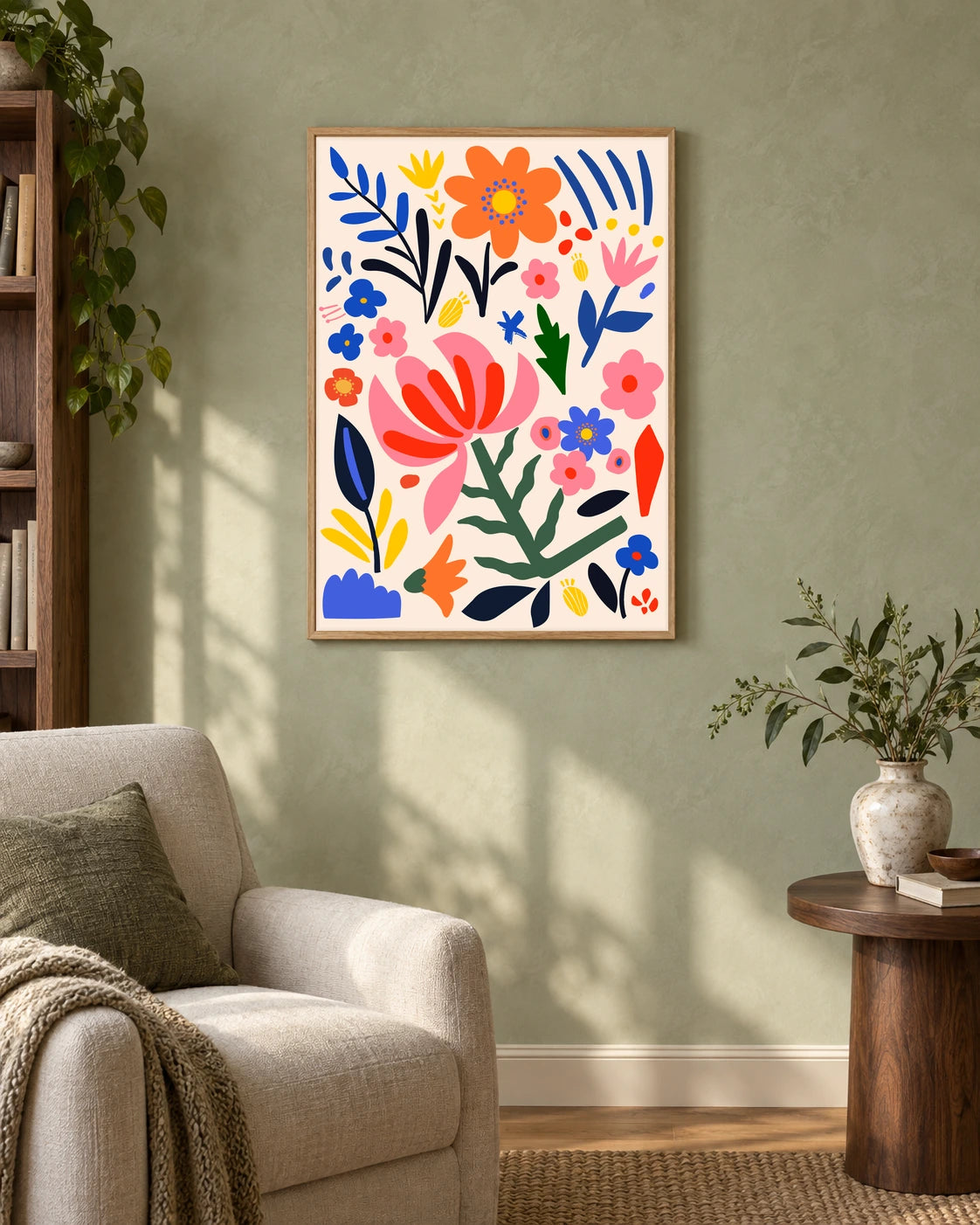 A Folk Flower Garden — styled room visualisation in a natural wood frame