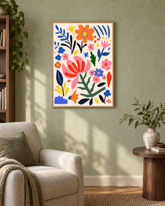 A Folk Flower Garden — styled room visualisation in a natural wood frame