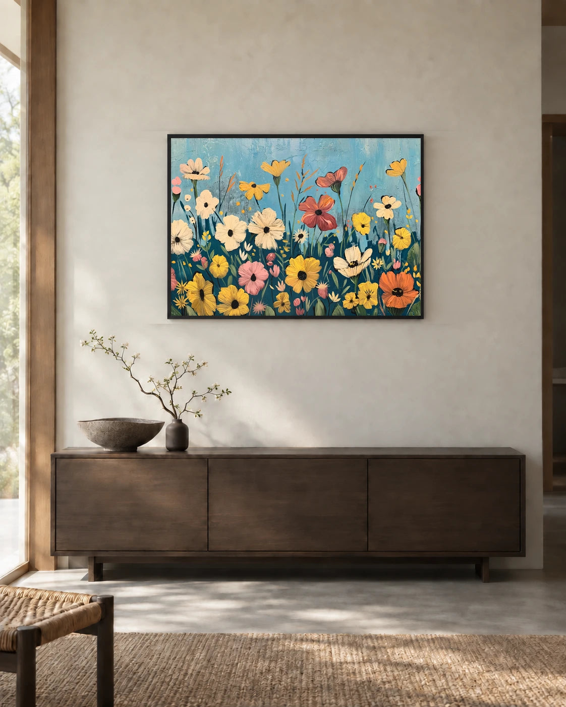 A Meadow in Blue — styled room visualisation in a black frame