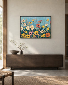 A Meadow in Blue — styled room visualisation in a black frame