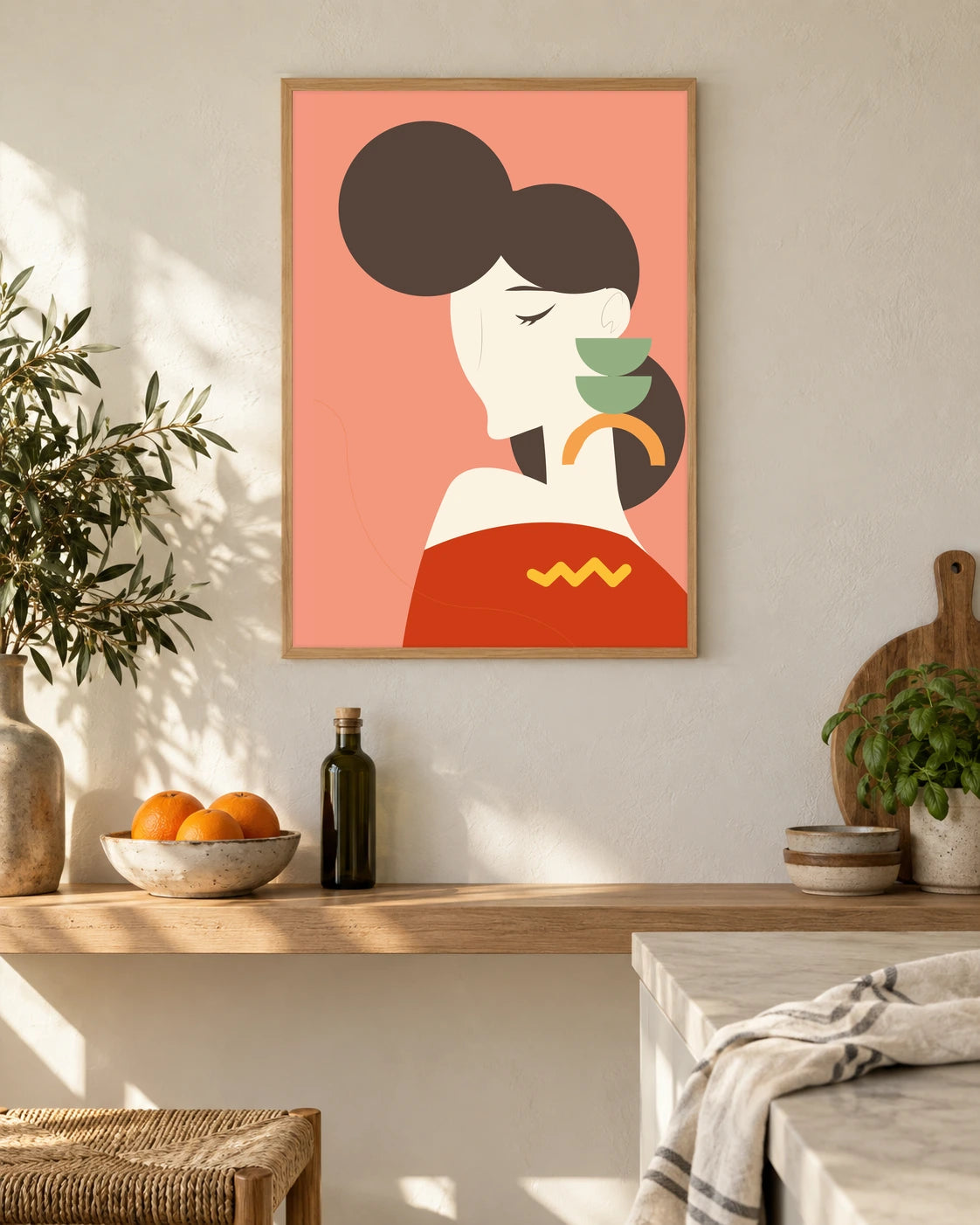 A Quiet Cup — styled room visualisation in a natural wood frame