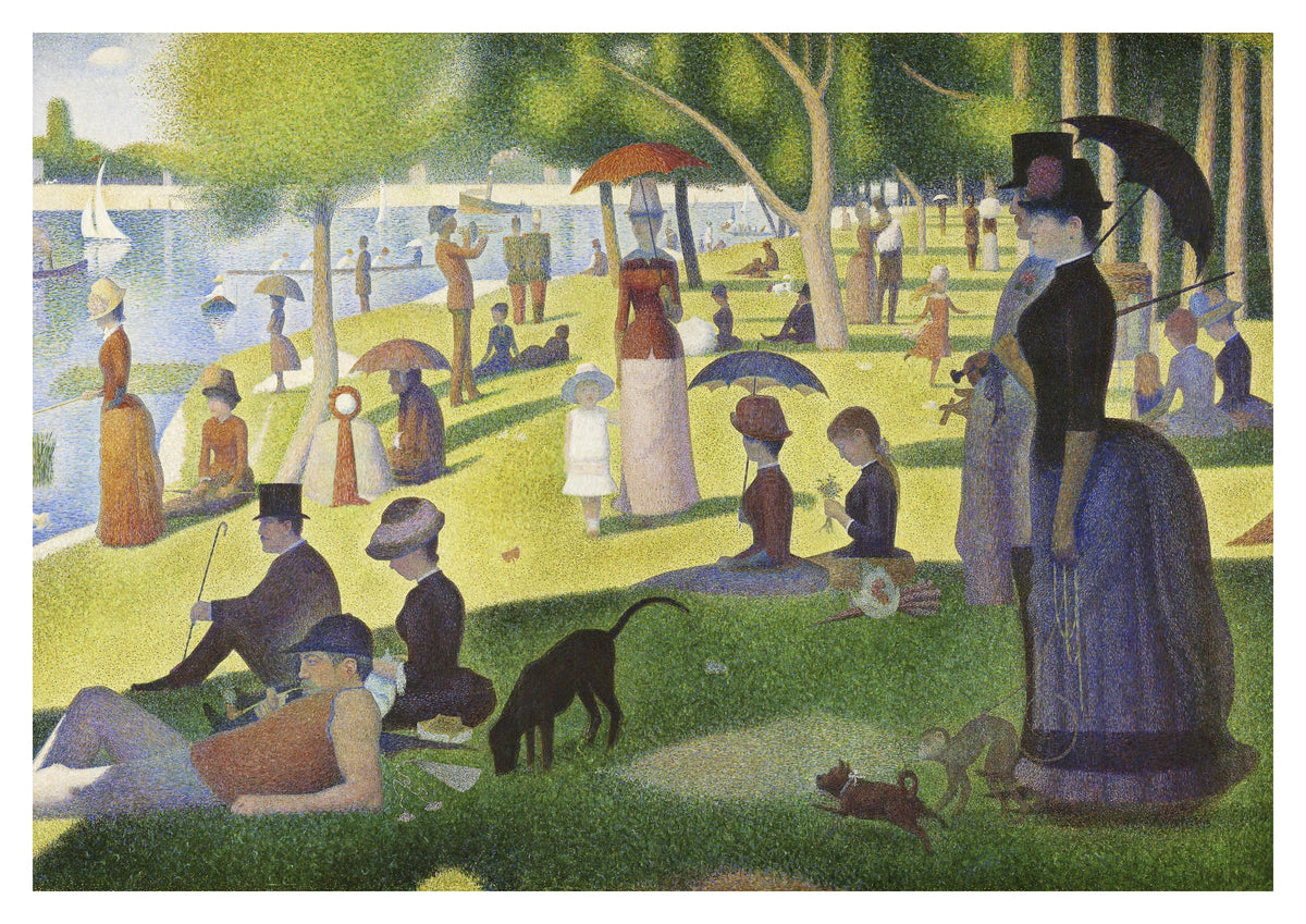 A Sunday on La Grande Jatte Art Print by Georges Seurat. Figures gather beside the water beneath leafy trees in Seurat’s celebrated riverside scene