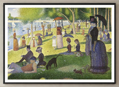 A Sunday on La Grande Jatte Art Print by Georges Seurat in a black frame; close-up of the framed artwork.