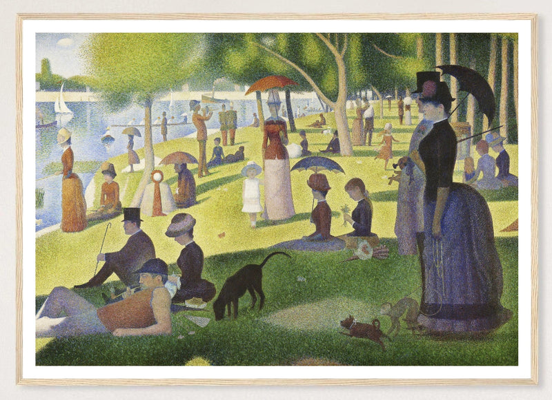 A Sunday on La Grande Jatte in a natural wood frame; landscape front-view mockup