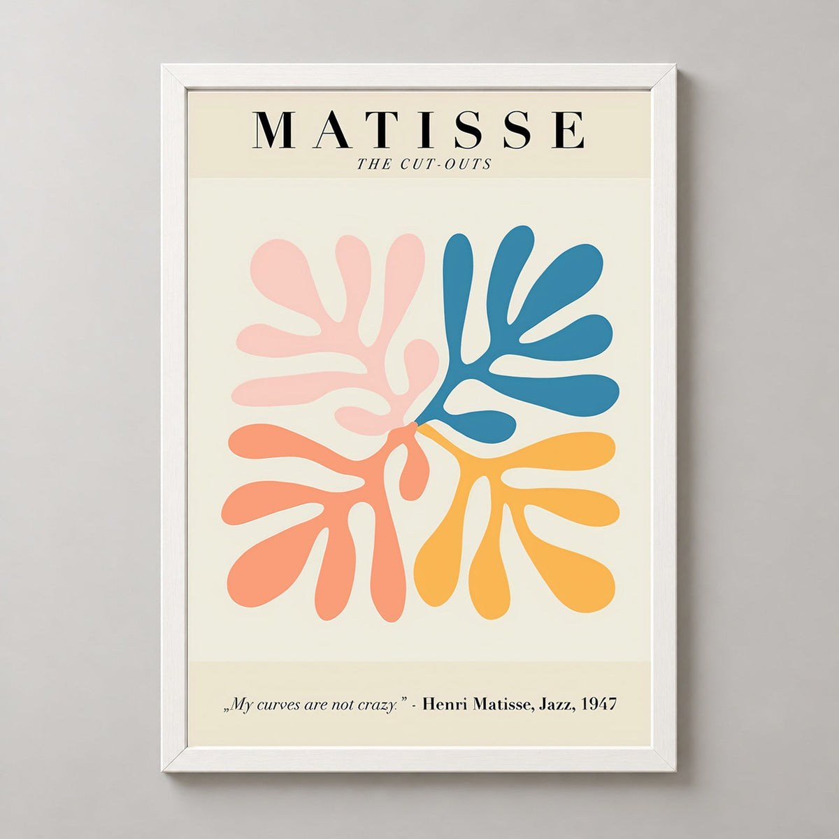 The Jazz Cut-Outs, Henri Matisse Modernist Print (1947) — realistic white frame studio view