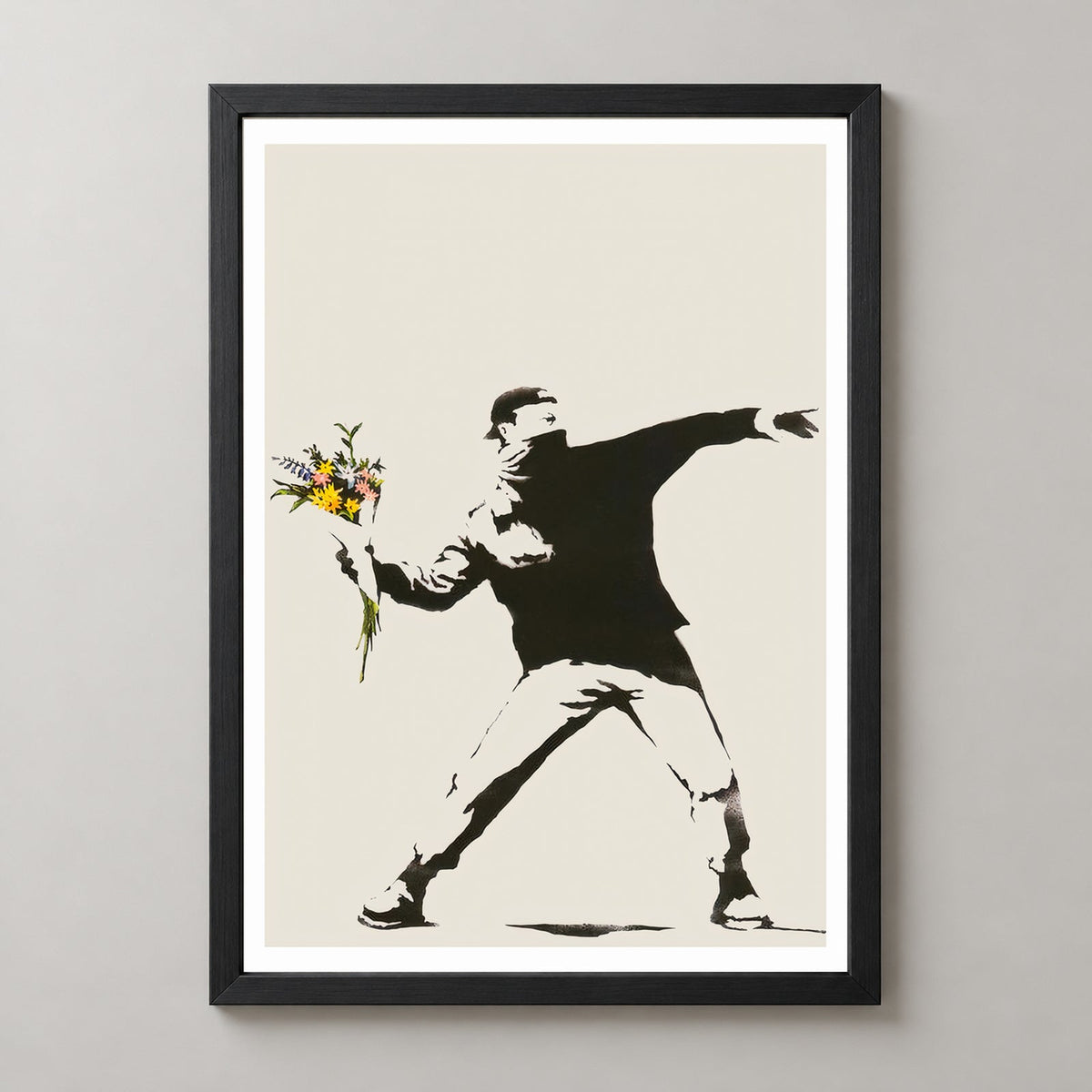 Banksy Love is in the Air (Flower Thrower), 2003 — realistic black frame studio view