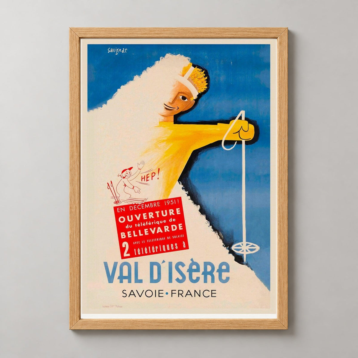 Vald'Isere Auvergne Rhone Alpes Region France Vintage Ski Poster — realistic natural wood frame studio view