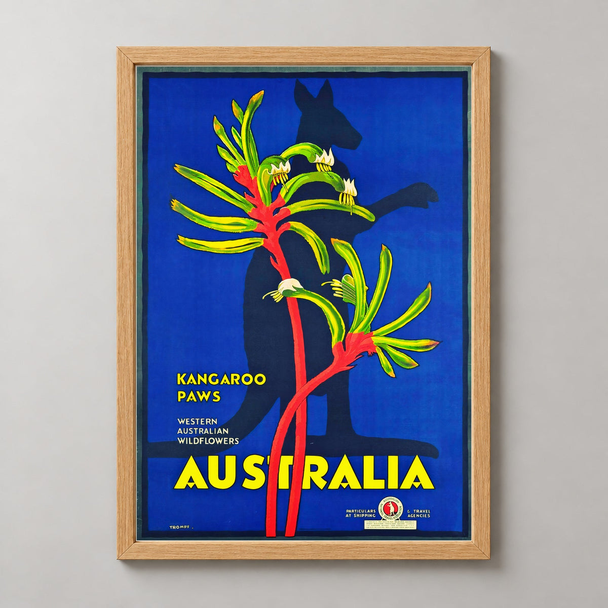 Western Australian Kangaroo Paws Vintage Travel Poster — realistic natural wood frame studio view
