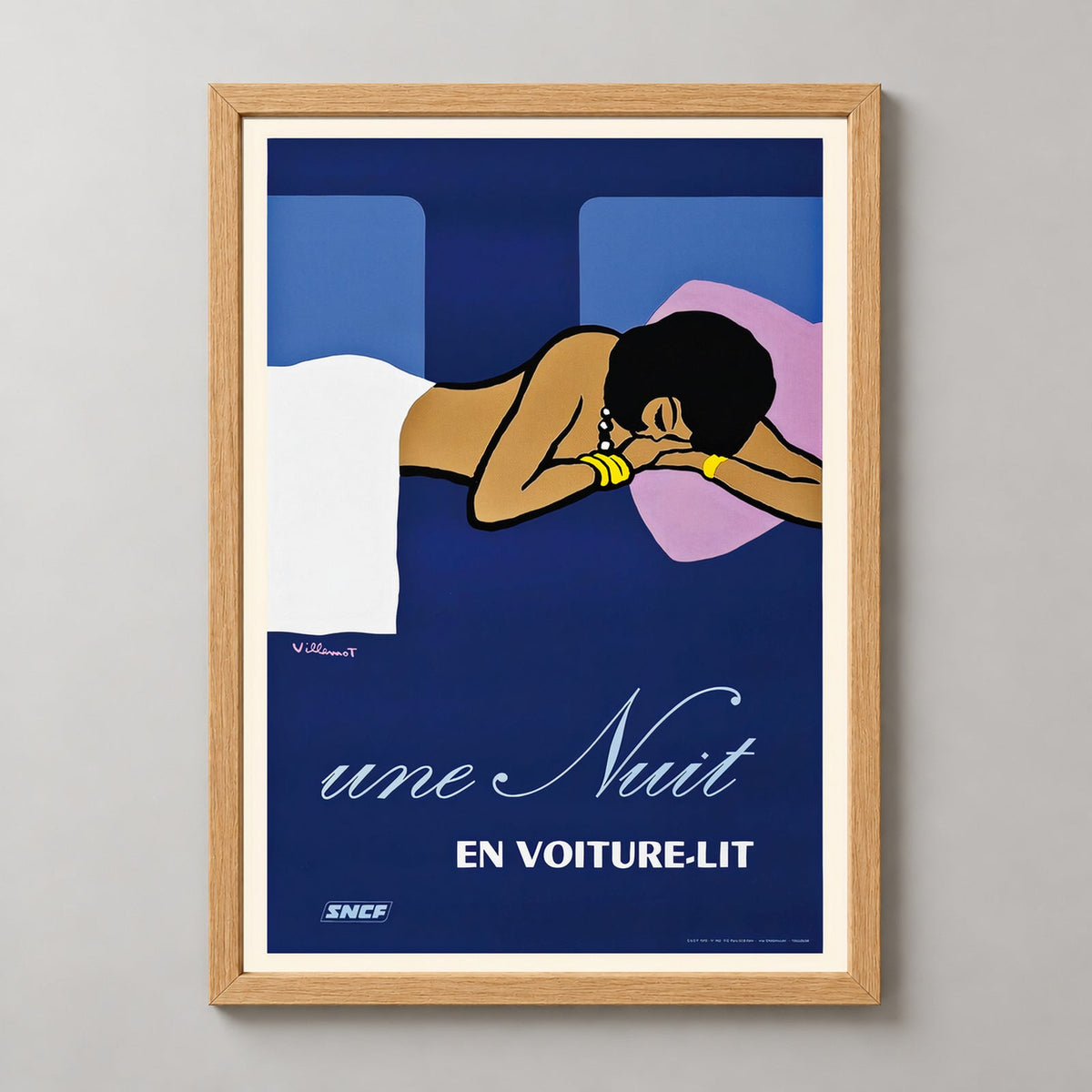 Vintage French National Railways Sleeper Car Train Travel Poster — realistic natural wood frame studio view