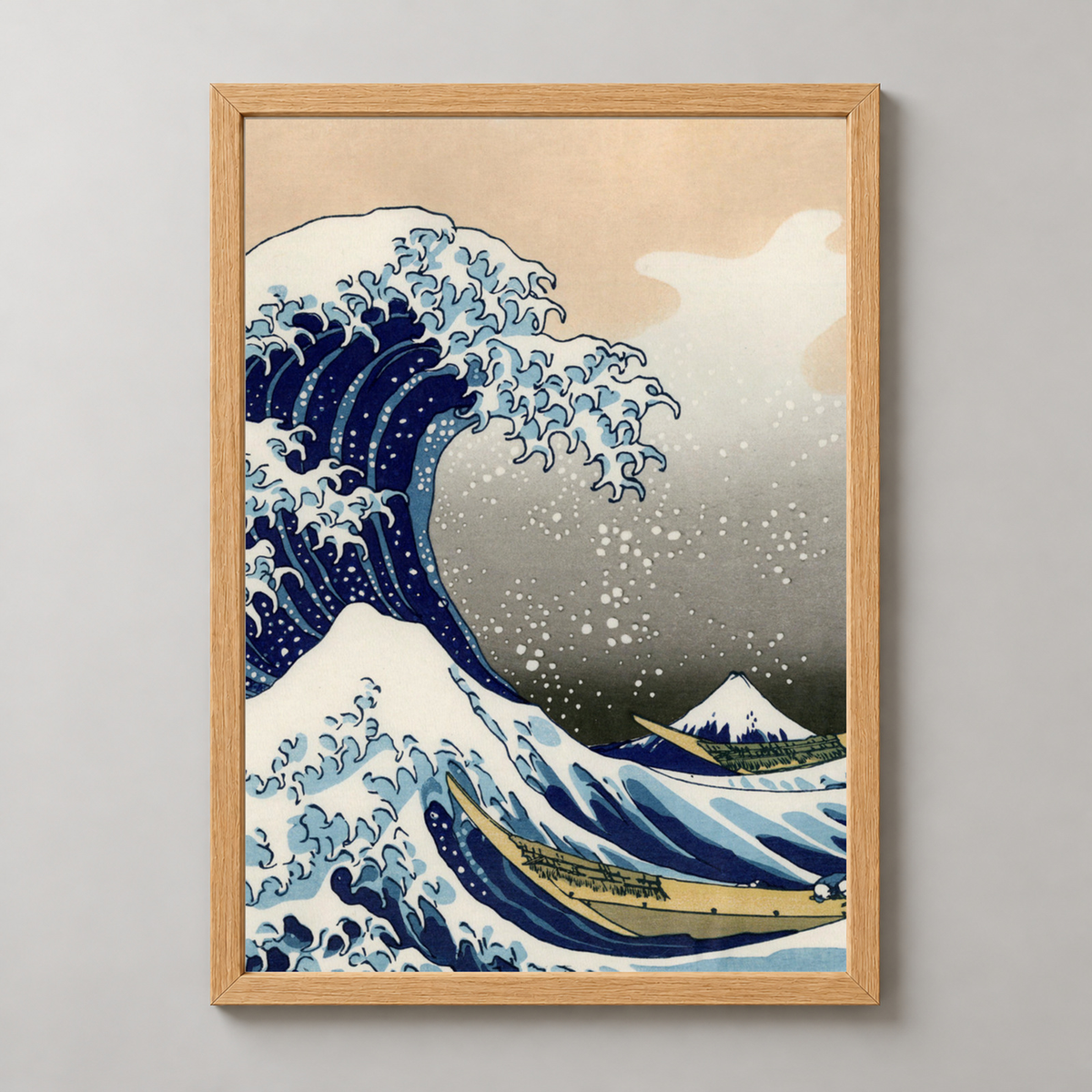 Katsushika Hokusai The Great Wave off Kanagawa — realistic natural wood frame studio view
