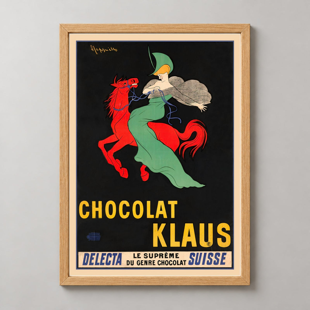 Chocolate Klaus Vintage Advertising Poster by Leonetto Cappiello — realistic natural wood frame studio view