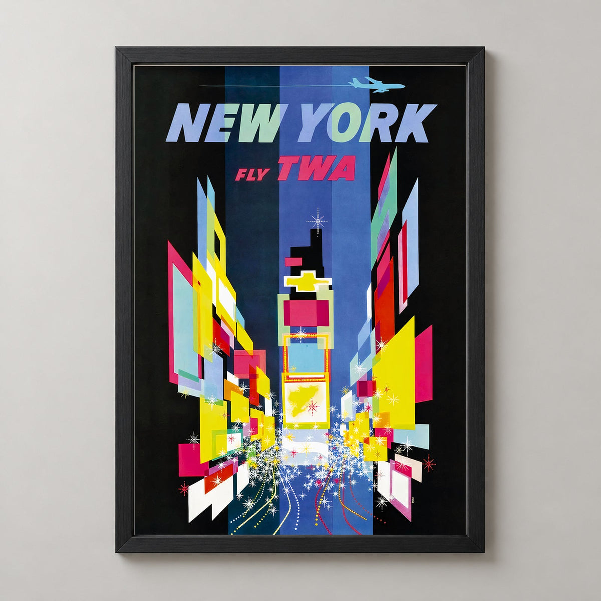 New York Vintage Travel Poster — realistic black frame studio view