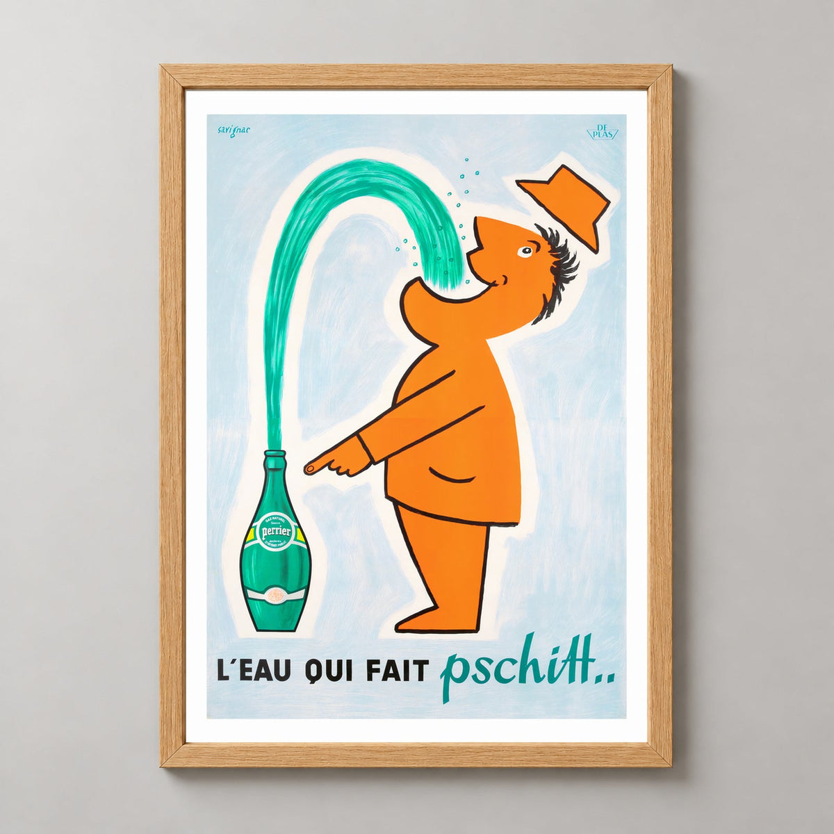 Perrier Pschitt Vintage Advertising Poster | France | French | Mineral Water — realistic natural wood frame studio view