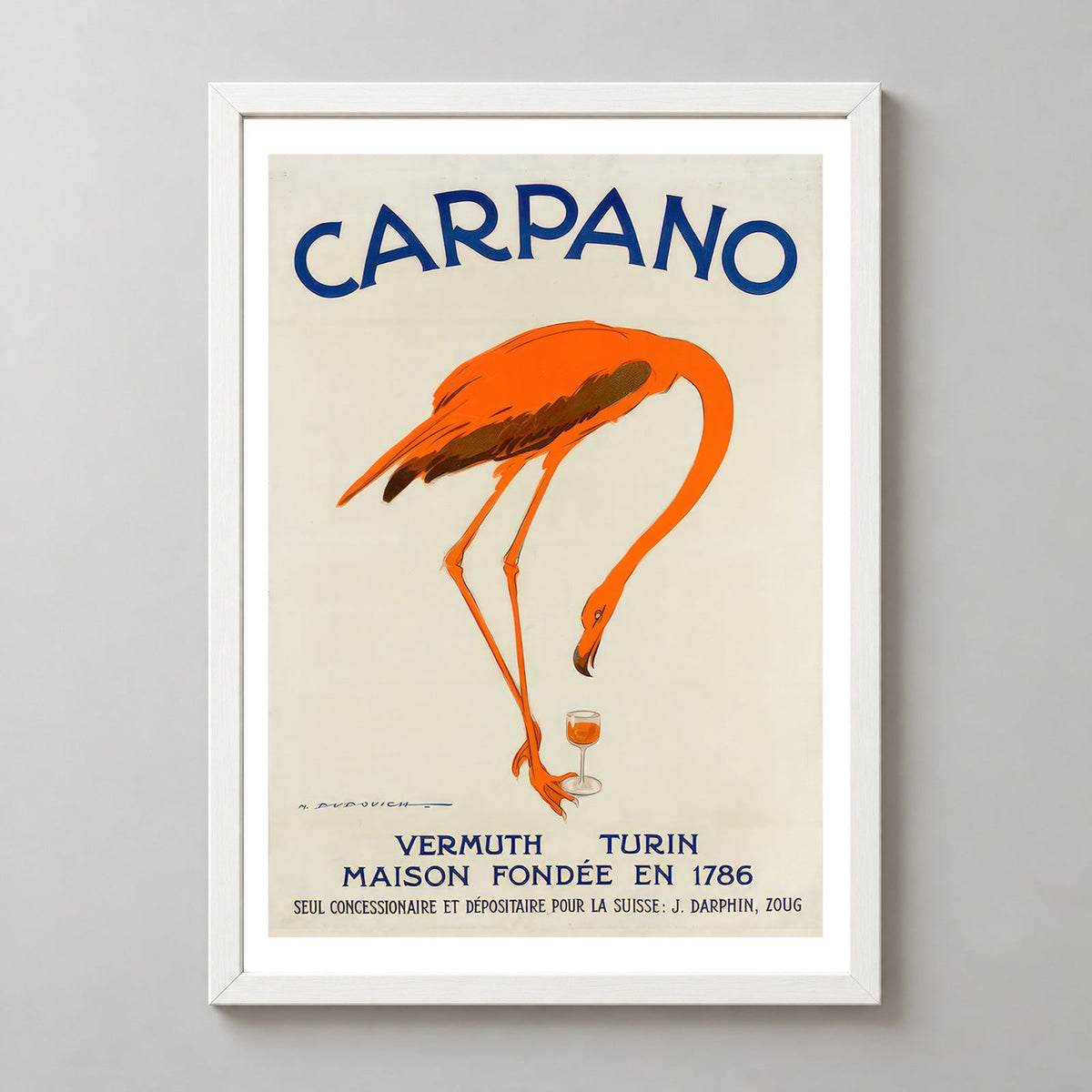 Carpano Vermouth Flamingo Vintage Advertising Poster — realistic white frame studio view