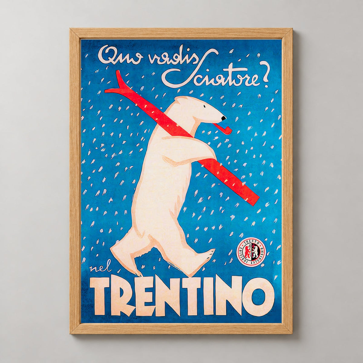 Trentino Polar Bear with Skis Vintage Advertising Poster — realistic natural wood frame studio view