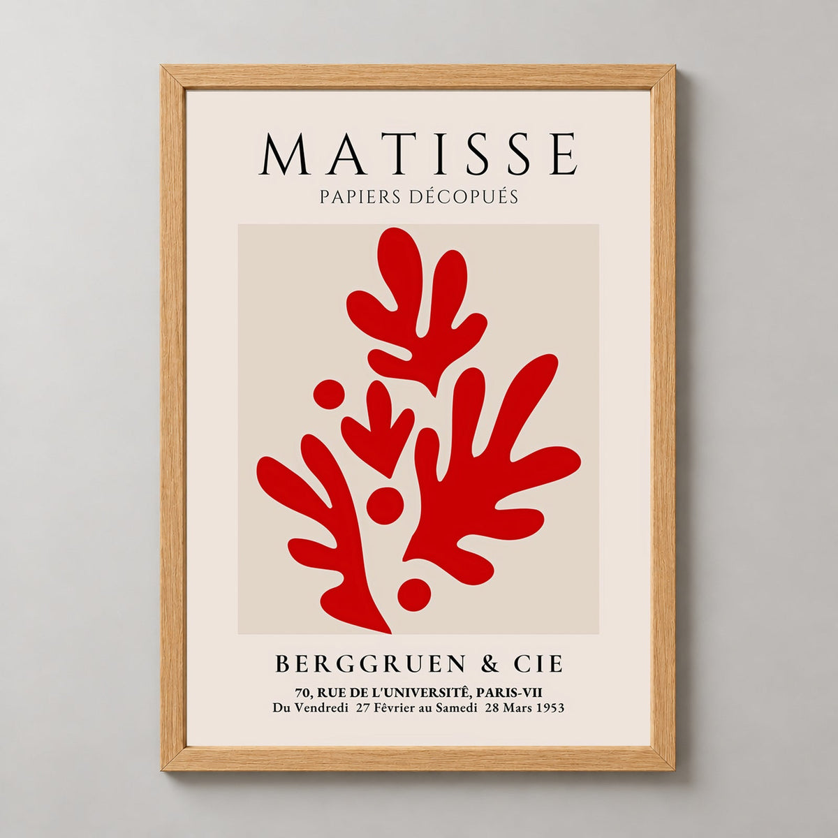Henri Matisse Red Exhibition Print at Berggruen & Cie — realistic natural wood frame studio view