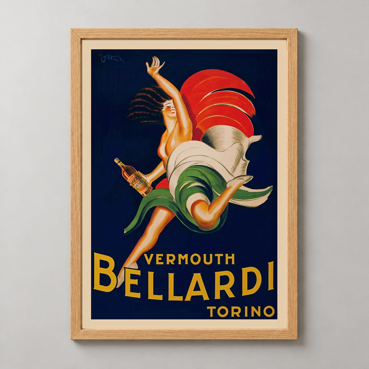Bellardi Vermouth Vintage Poster 1927 - Iconic Advertising Art — realistic natural wood frame studio view
