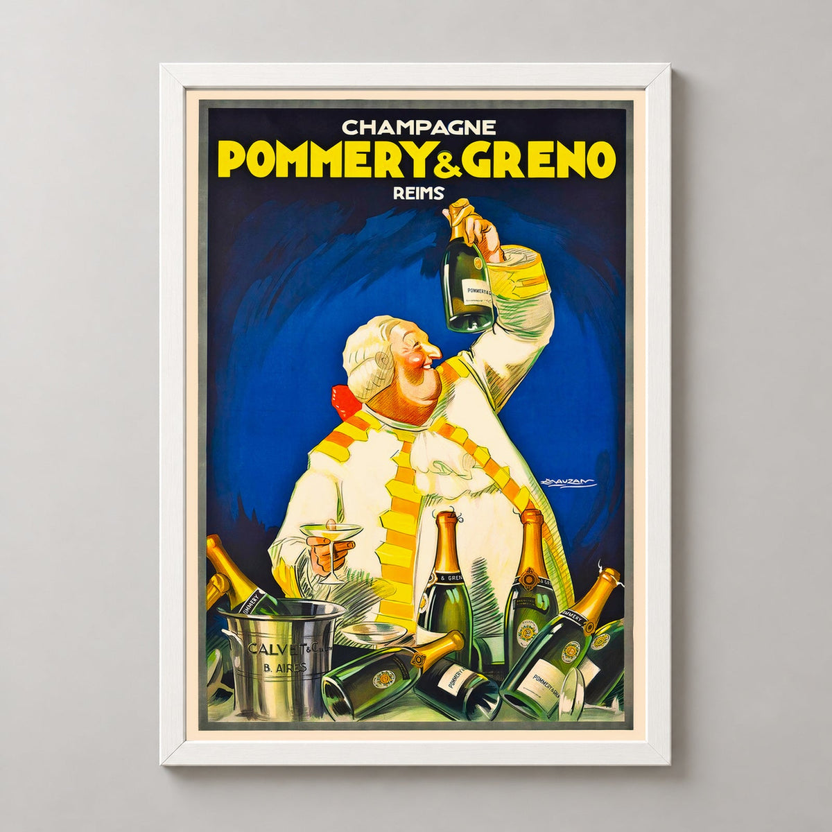 Champagne Pommery and Greno Reims Vintage Champagne Advertising Poster — realistic white frame studio view