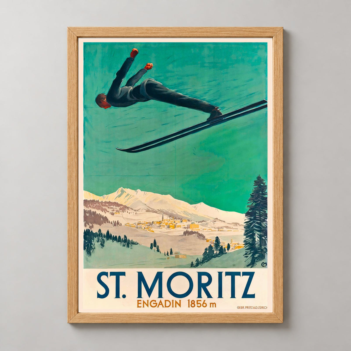 St. Moritz Engadin Switzerland Vintage Aerial Ski Poster — realistic natural wood frame studio view