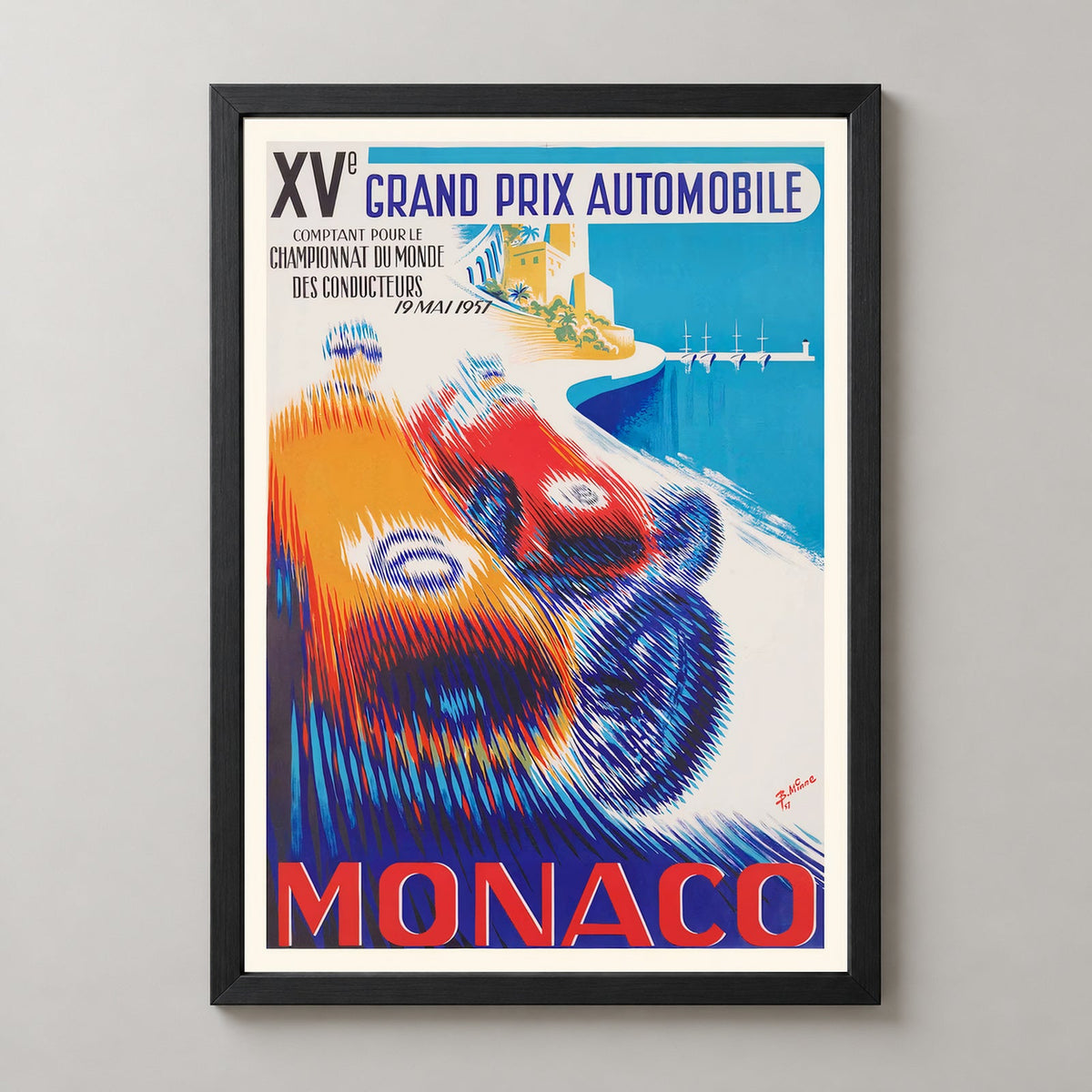 XV Grand Prix Automobile of Monaco 1957 Vintage Racing Poster — realistic black frame studio view