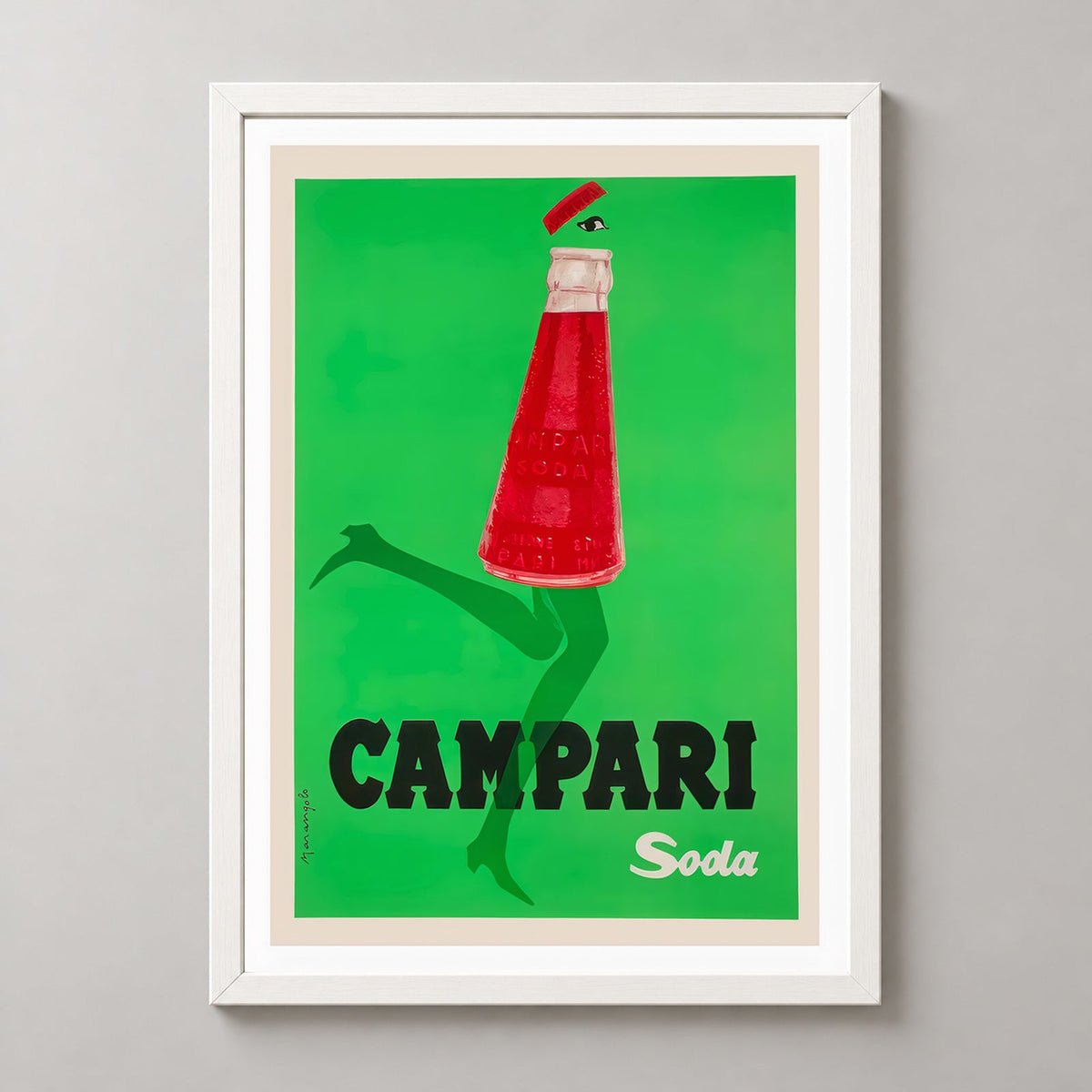 Campari Poster - Red bottle running, with green legs - Vintage Advertising Poster — realistic white frame studio view