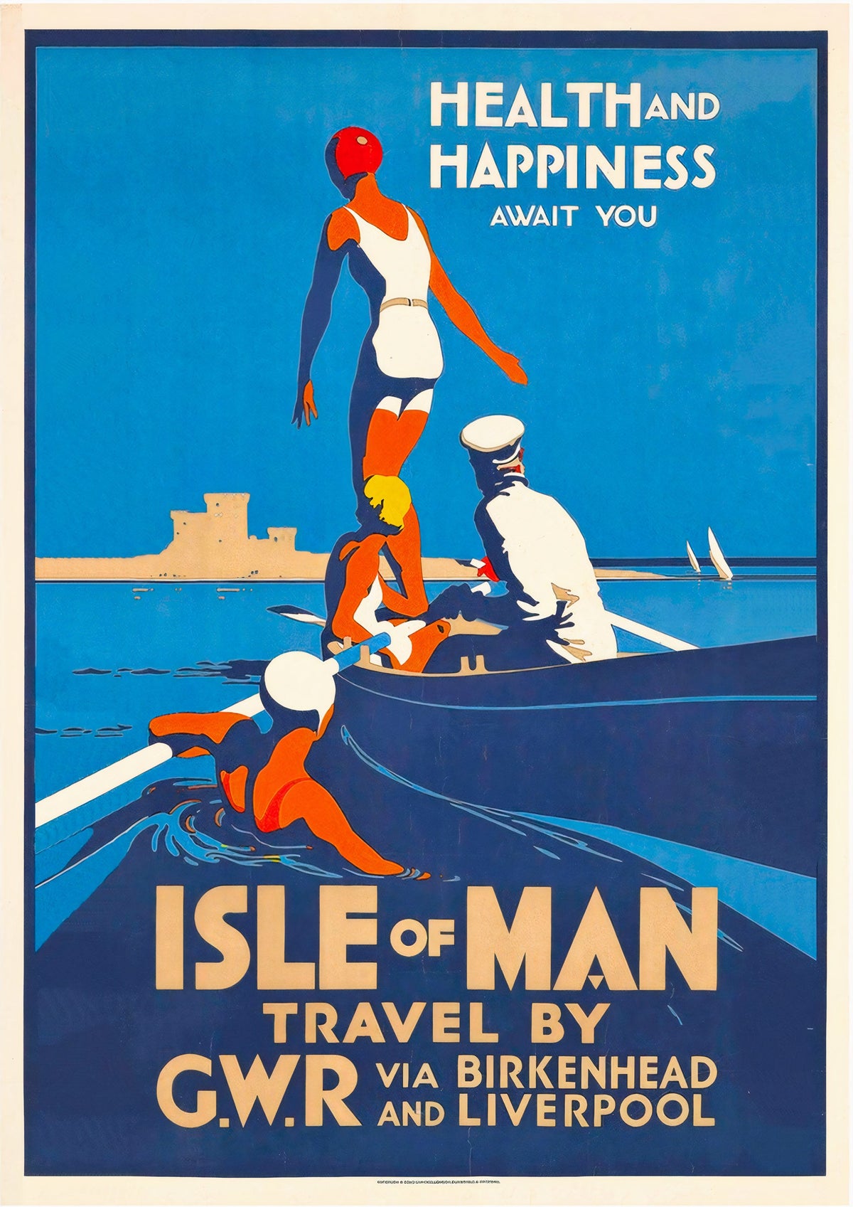 Isle of Man Travel via Birkenhead and Liverpool Vintage Travel Poster — poster only, complete unframed artwork