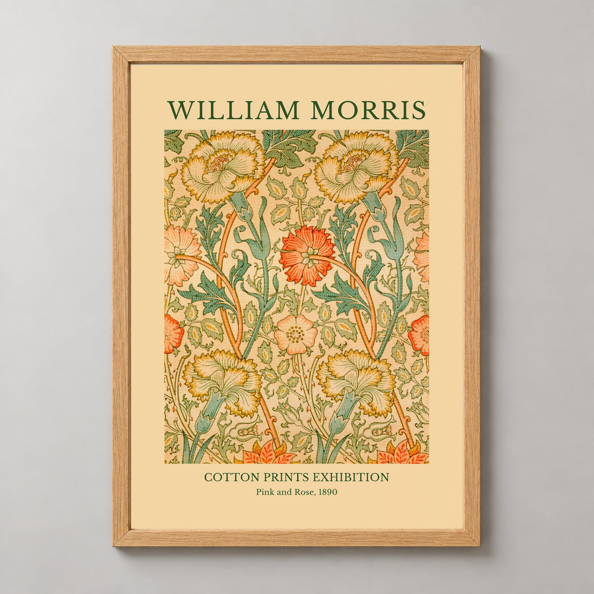 William Morris - Cotton Prints Exhibition, Pink and Rose (1890) — realistic natural wood frame studio view