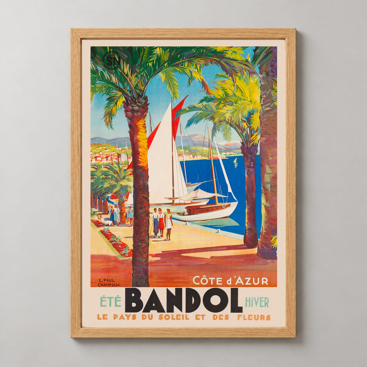 Bandol Land of Sun and Flowers Cote d'Azur French Vintage Travel Poster — realistic natural wood frame studio view