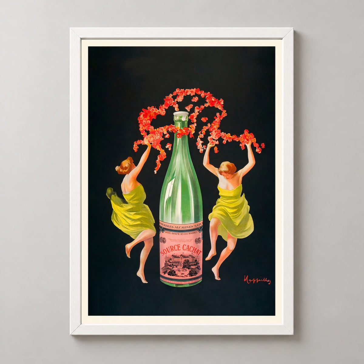 Evian Cachat Mineral Water Vintage Advertising Poster by Leonetto Cappiello — realistic white frame studio view