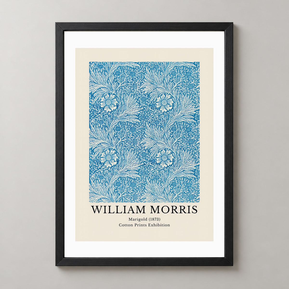William Morris - Cotton Prints Exhibition, Marigold (1873) — realistic black frame studio view
