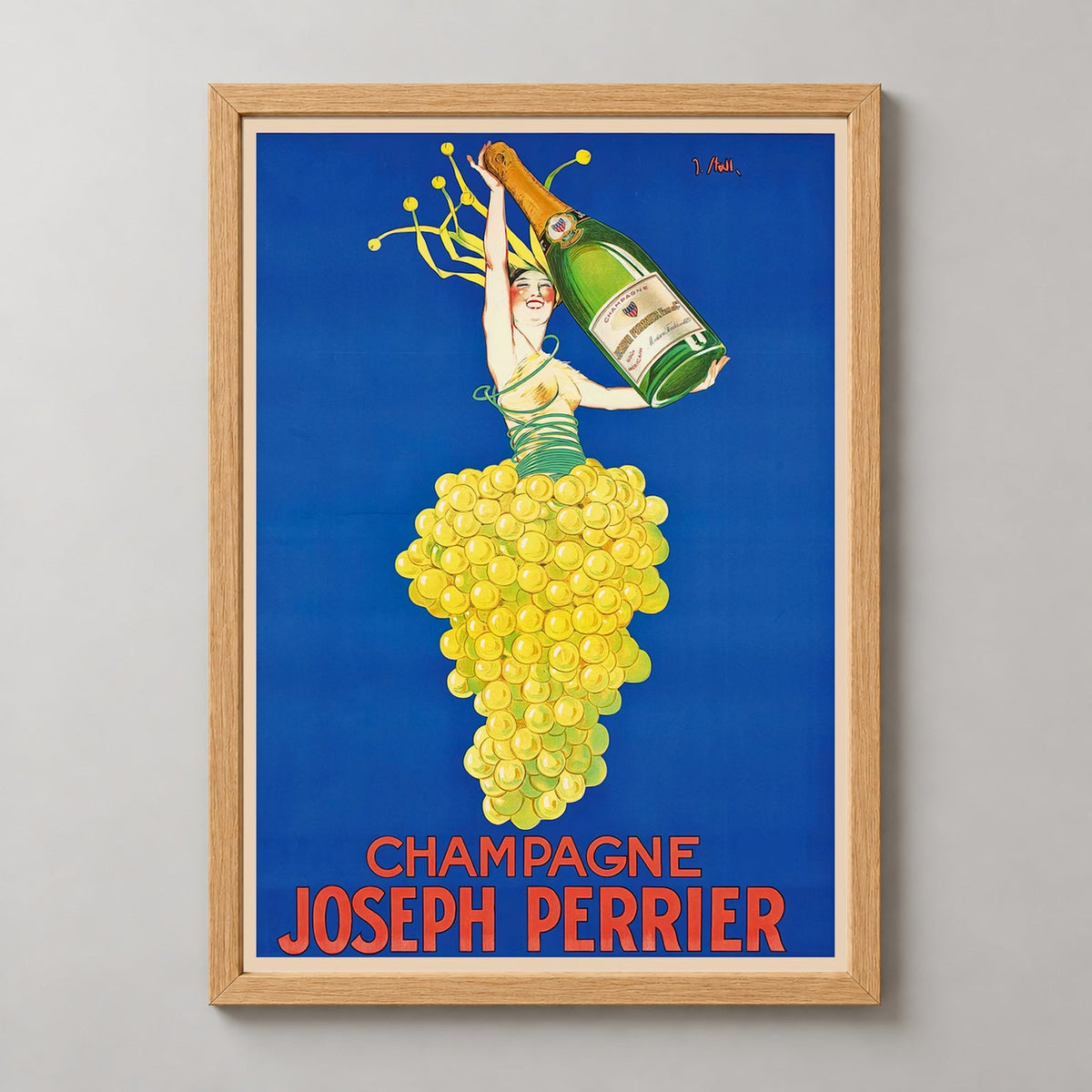 Joseph Perrier Vintage Champagne Advertising Poster — realistic natural wood frame studio view