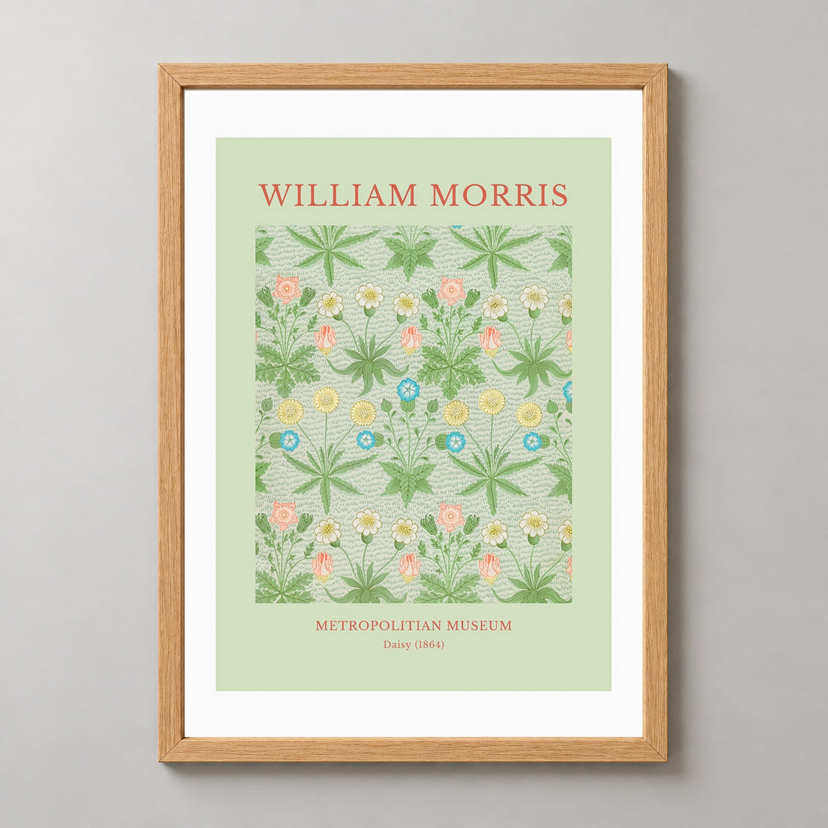 William Morris - Metropolitan Museum, Daisy Print (1864) — realistic natural wood frame studio view